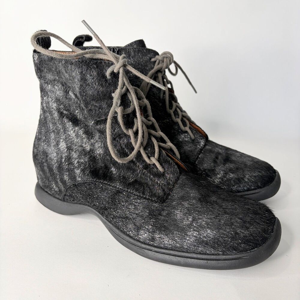 L'Amour Des Pieds Boots Hair On Leather Lace Up Black Ankle Boots Women 7.5 M